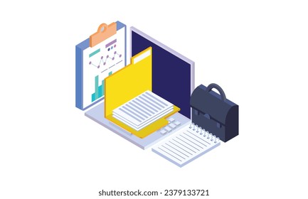 laptop computers full storage of documents. Concept of electronic file organization services.on white background.3D design.isometric vector design Illustration.