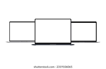 Laptop Computers, Silver, Grey, Dark-Blue Mockups With Blank Screens, Isolated on White Background. Vector Illustration