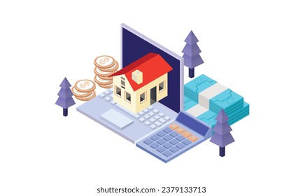 Laptop computer.Scene for buying home online, internet aggregator.on white background.3D design.isometric vector design Illustration.