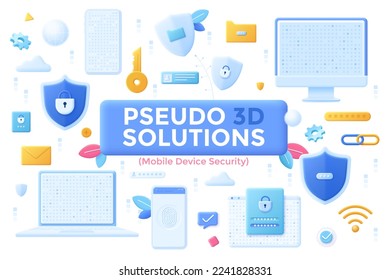 Laptop computes, smartphones, shields and locks. Concept of mobile device security, protection of personal data and files, access to user information. Set of vector illustrations in pseudo 3d style.