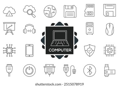 Laptop Computing Icon collection containing 16 editable stroke icons. Perfect for logos, stats and infographics. Edit the thickness of the line in any vector capable app.