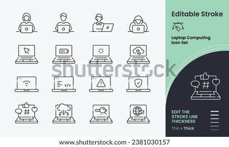 Laptop Computing Icon collection containing 16 editable stroke icons. Perfect for logos, stats and infographics. Edit the thickness of the line in any vector capable app.