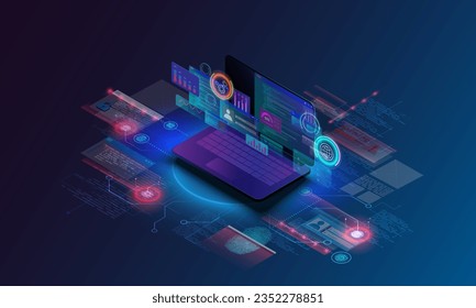 laptop concept technology background image and business graph and data analysis process coding future communication network software development