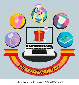 Laptop concept for Valentine's day shopping online flat design colorful vector illustration