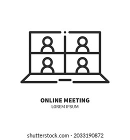 Laptop with conferencing people simple line icon. Logo concept. Video conference and online meeting concept. Distance work and learning. Vector illustration. Laptop, computer, chatting, conferencing