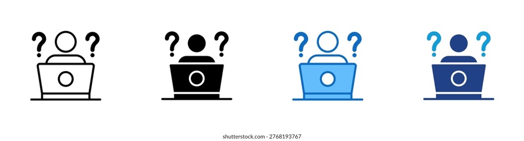 Laptop Confusion Multiple Style Icon Design Vector - User with laptop and question marks representing technical issue, troubleshooting, and user uncertainty