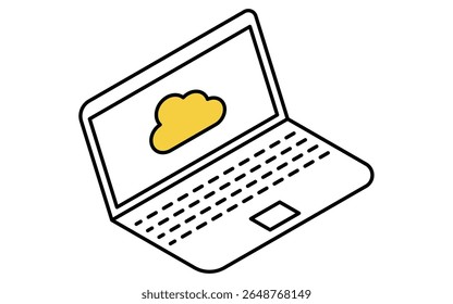 Laptop connected to cloud isometric line icon with cloud and portable computer, Vector Illustration