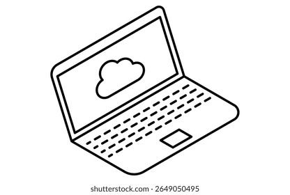Laptop connected to cloud isometric line icon with cloud and portable computer, black and white, Vector Illustration