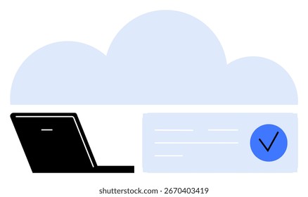 Portátil conectado a la nube con un icono de archivo verificado que indica almacenamiento seguro y acceso. Ideal para almacenamiento en la nube, gestión de datos, ciberseguridad, servicios tecnológicos, copias de seguridad en línea, digital