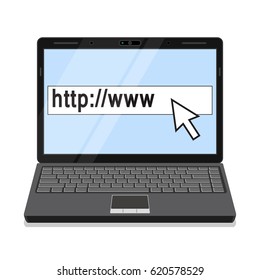 Laptop connected to internet on white background.