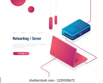 Laptop connected to the Internet via router isometric icon, networking concept, server room data exchange vector