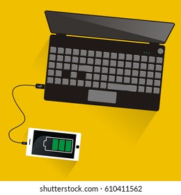 Laptop connected to smartphone. Top view. Communication technology. Vector illustration. Long shadow.