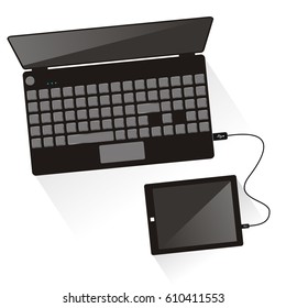 Laptop connected to tablet. Top view. Communication technology. Vector illustration. Long shadow.