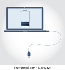 Laptop connected to USB cable. Battery symbol displayed at screen. Low battery. Flat design.
