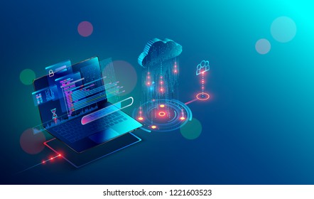 Laptop Connection On Cloud Storage For Collaboration Work With Remote Team. Cooperation Work Via Internet And Work With Project In Shared Access. Isometric Infographic Concept.