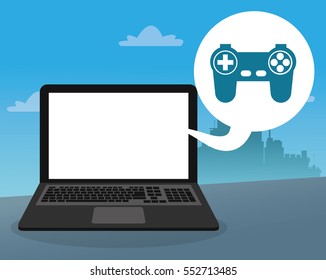 laptop console control bubble social media city background