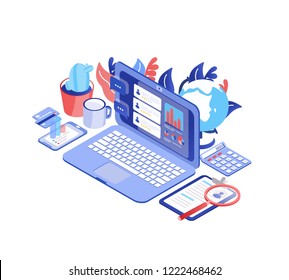 Laptop with consumers reviews on screen, smartphone, mug, globe. Customer relationship management, service feedback, audience retention analytics. Modern creative isometric vector illustration.