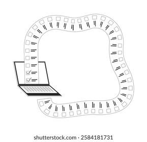 Laptop with continuity list tasks black and white 2D line object. Workflow automation checklist. Digital productivity notebook isolated clip art vector outline item. Monochromatic spot illustration