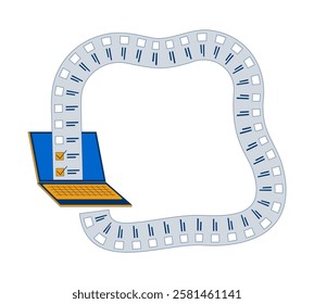 Laptop with continuity list tasks emerging 2D cartoon object. Workflow automation checklist. Digital productivity notebook isolated element flat vector clipart on white background. Spot illustration