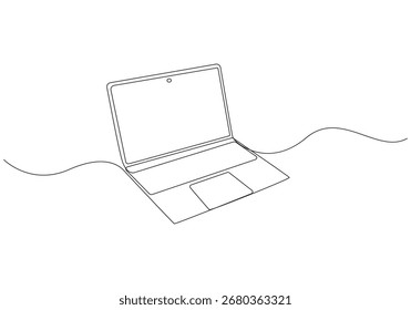 Ordenador portátil de línea continua de arte abierto portátil, dibujo de una sola línea, ilustración minimalista de una línea portátil, computadora portátil de una sola línea de arte
