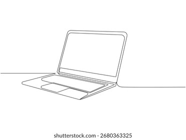 Ordenador portátil de línea continua de arte abierto portátil, dibujo de una sola línea, ilustración minimalista de una línea portátil, computadora portátil de una sola línea de arte
