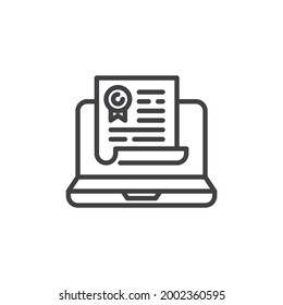 Laptop with contract document line icon. linear style sign for mobile concept and web design. Online agreement certificate outline vector icon. Symbol, logo illustration. Vector graphics