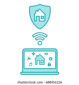 Laptop controls smart house. Smart home. Great concept for web app. Vector illustration. Flat style.