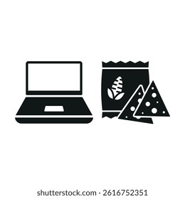 Laptop and corn chips set icon symbolizes crunchy snacking during work or study, ideal for casual digital scenes.
