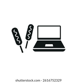 Laptop and corn dog set icon shows fun snacking while working, perfect for casual digital workspace themes.