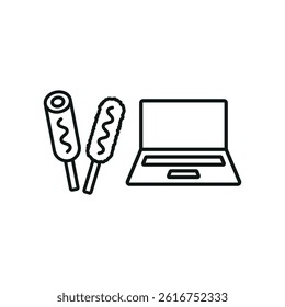 Laptop and corn dog set icon shows fun snacking while working, perfect for casual digital workspace themes.