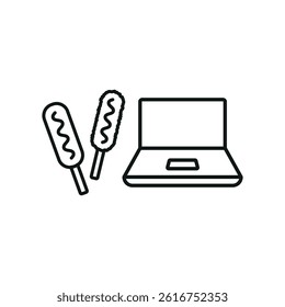 Laptop and corn dog set icon shows fun snacking while working, perfect for casual digital workspace themes.