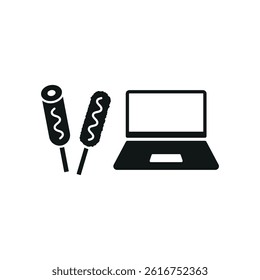 Laptop and corn dog set icon shows fun snacking while working, perfect for casual digital workspace themes.