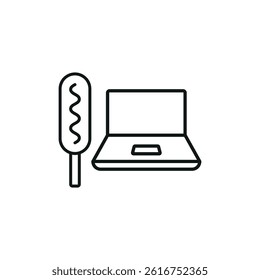 Laptop and corn dog set icon shows fun snacking while working, perfect for casual digital workspace themes.