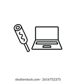 Laptop and corn dog set icon shows fun snacking while working, perfect for casual digital workspace themes.