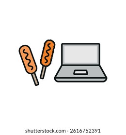 Laptop and corn dog set icon shows fun snacking while working, perfect for casual digital workspace themes.