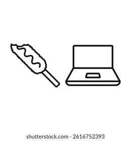 Laptop and corn dog set icon shows fun snacking while working, perfect for casual digital workspace themes.