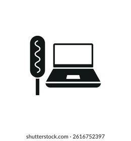 Laptop and corn dog set icon shows fun snacking while working, perfect for casual digital workspace themes.