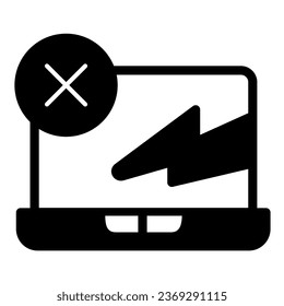 Laptop with cracked screen solid icon, pcrepair concept, startup error vector sign on white background, error screen glyph style for mobile concept and web design. Vector graphics