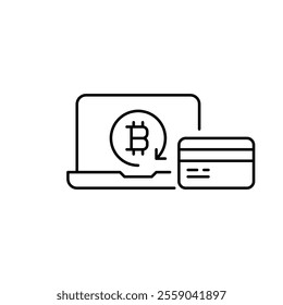 Laptop, credit card and bitcoin in refresh arrow. Crypto wallet reload, payment and digital financial transactions. Pixel perfect vector icon
