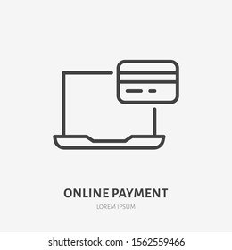 Laptop with credit card flat line icon. Online payment vector illustration. Thin sign of internet shopping, e-commerce pictogram.