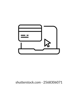 Laptop, credit card and mouse click. Use of e-wallet at online checkout, e-banking. Pixel perfect vector icon