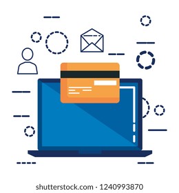laptop with credit card and set icons