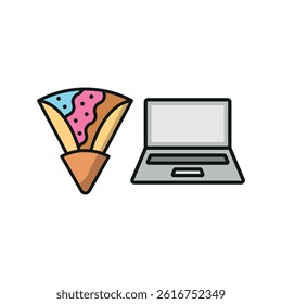 Laptop and crepe set icon represents sweet work breaks, cozy digital vibes, and creative productivity moments.