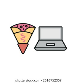 Laptop and crepe set icon represents sweet work breaks, cozy digital vibes, and creative productivity moments.