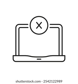 Laptop com Ícone de Linha de Sinal Cruzado. Erro ou Cancelar Ação no Símbolo de Contorno de Dispositivo Portátil. Dispositivo desligado ou desconectado. Traço editável. Ilustração de vetor isolada.