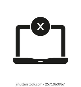 Laptop with Cross Sign Silhouette Icon. Error or Cancel Action on Portable Device Glyph Symbol. Shutdown or Disconnected Device. Isolated Vector Illustration.