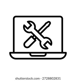 Laptop com ferramentas cruzadas, ícone linear. Serviço de reparo do computador, manutenção de hardware, solução de problemas de software