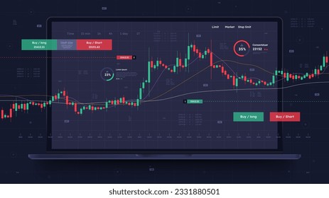 Laptop with crypto trading graphs concept. Investment and trading. Economic charts and diagrams. Infographics and visualization of data, statistics, analytics. Flat vector illustration