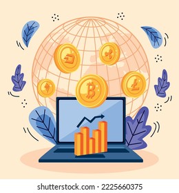 laptop with cryptocurrency set icons