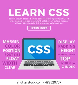 Laptop with CSS word on screen. Learn CSS, programming, web development, coding concepts. Modern graphic for web banners, web sites, printed materials, infographics. Flat design vector illustration